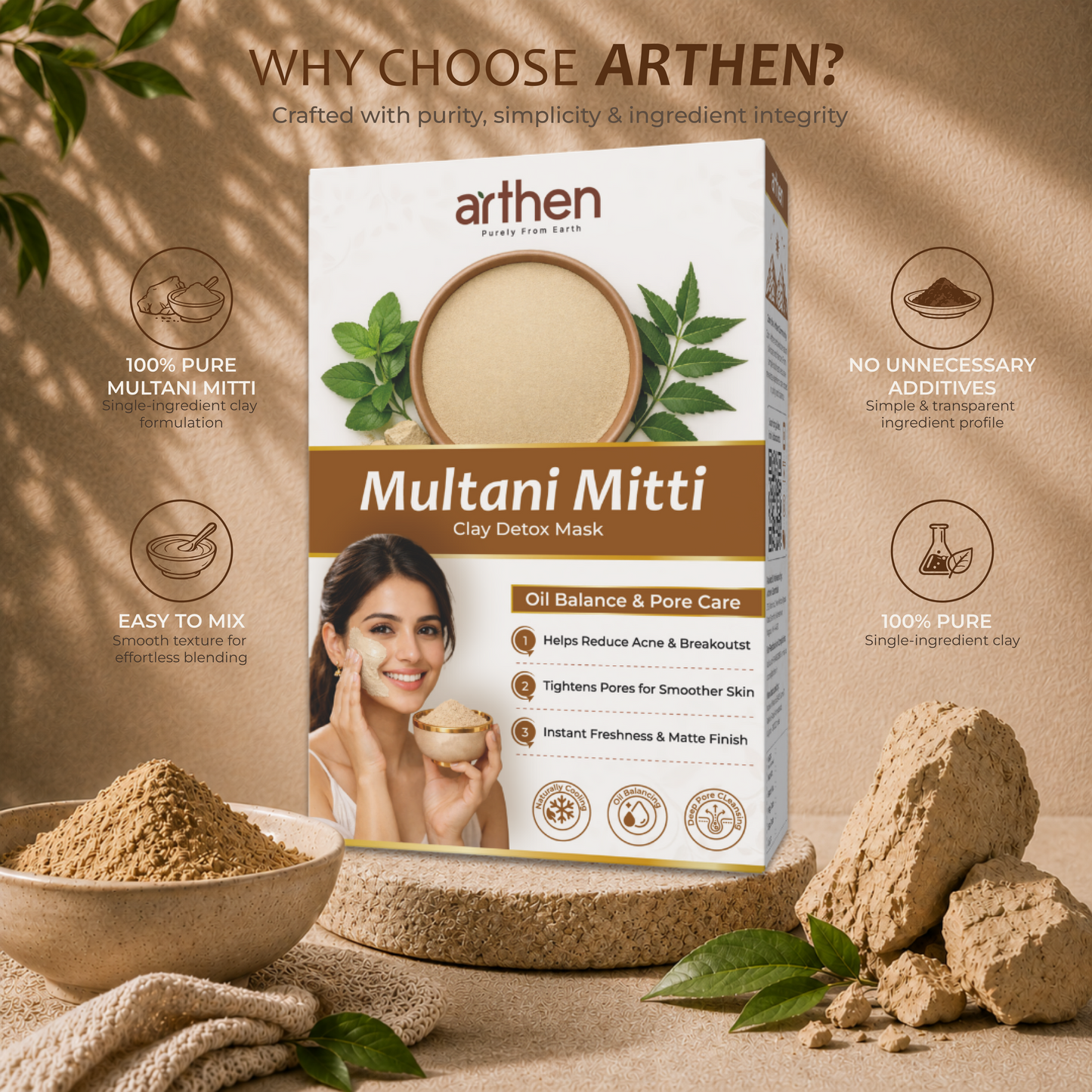 ARTHEN Multani Mitti clay detox mask — natural face pack for oily and combination skin