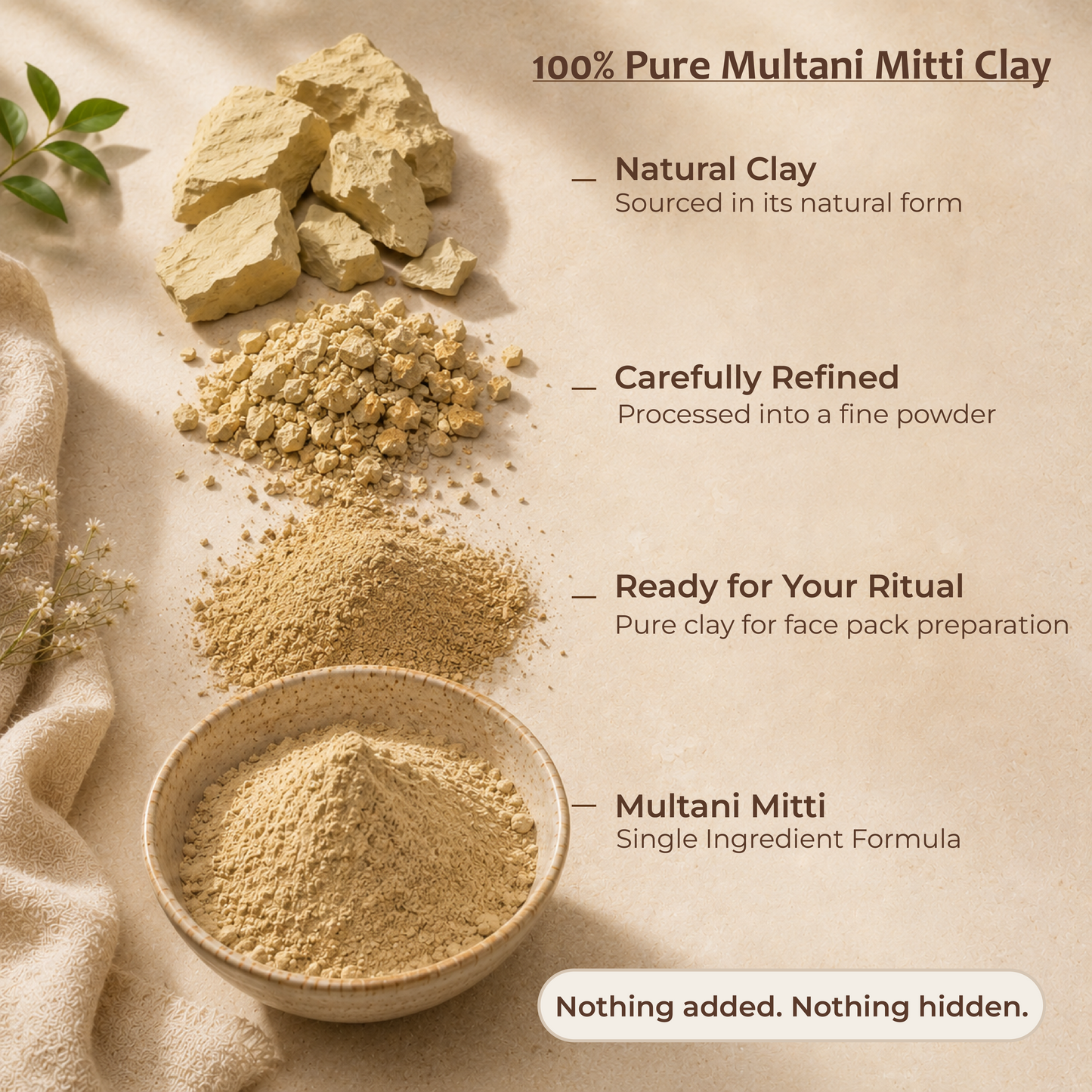 Multani mitti powder texture — finely sieved fuller's earth clay for smooth application