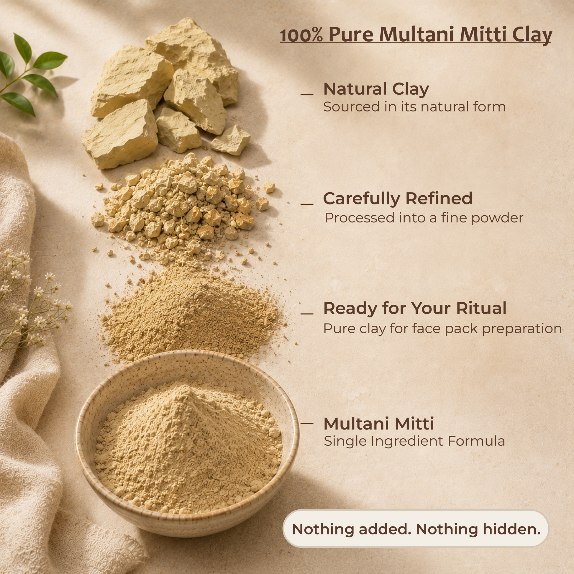 Multani mitti powder texture — finely sieved fuller's earth clay for smooth application