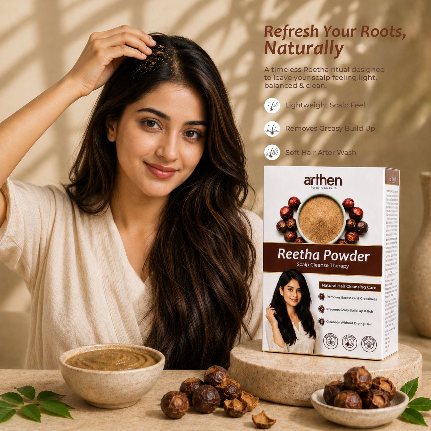 Reetha powder texture — finely sieved Sapindus mukorossi soapnut