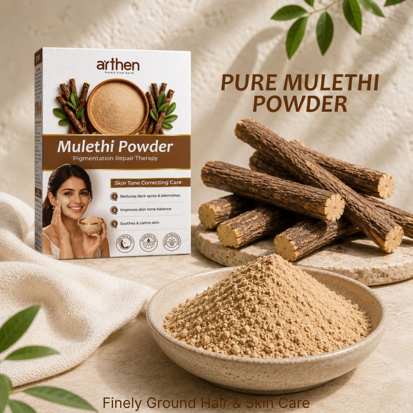 Mulethi licorice powder texture — finely sieved Glycyrrhiza glabra