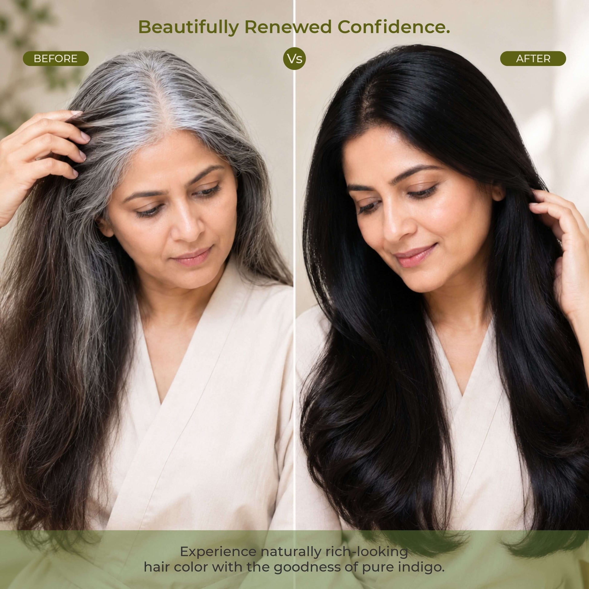 Indigo hair color before after — natural dark brown to black grey coverage