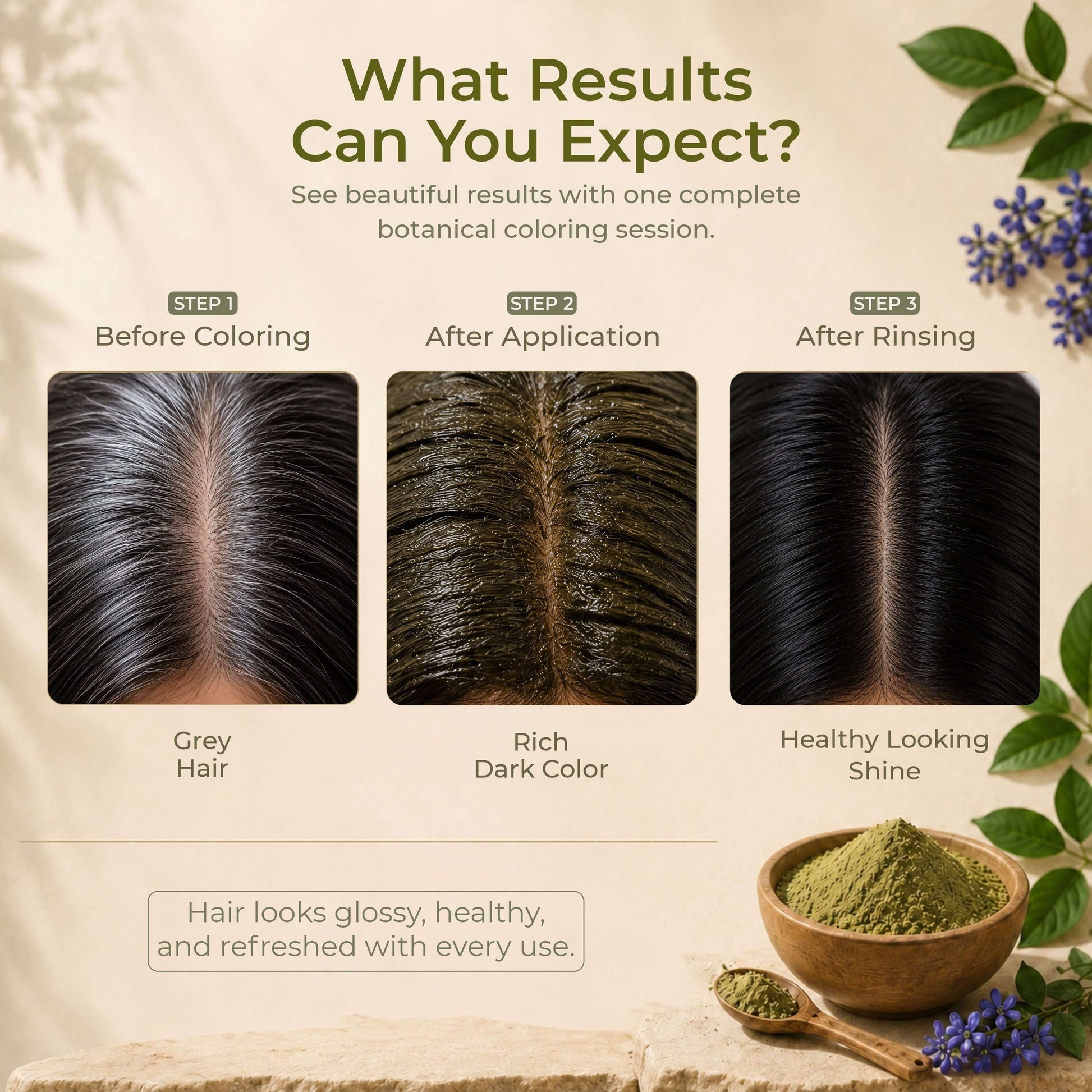 Indigo powder with henna — natural two-step process for rich dark hair colour